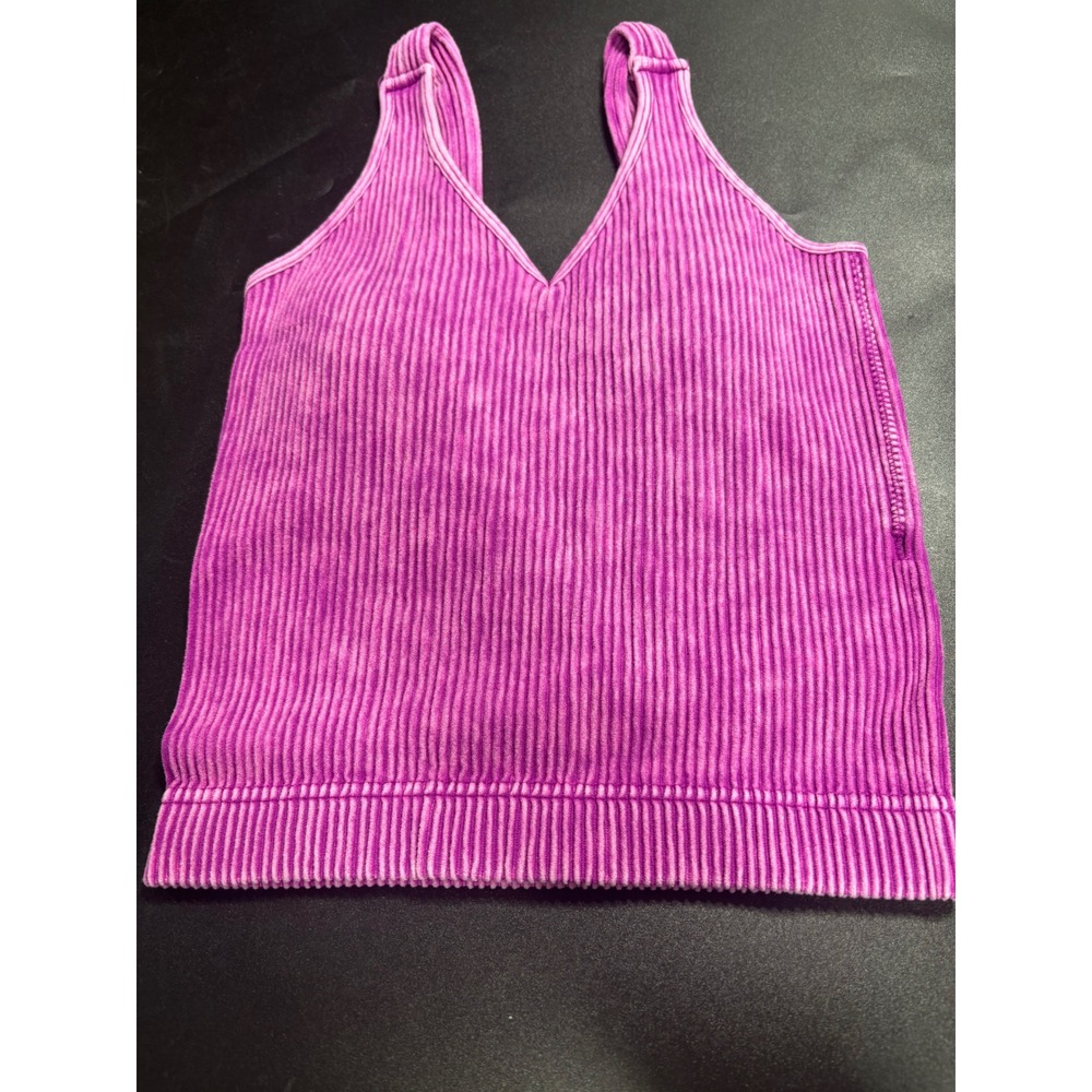 Zenana Womens Ribbed Seamless V-Neck Padded Tank Top Mineral Wash Purple L/XL